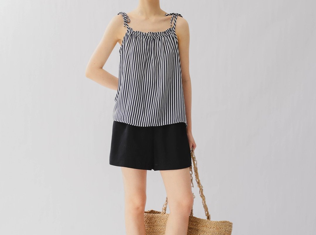 法式复古 度假松弛感海军风 藏青白条纹吊带背心 - 女装背心 - 棉 灰色