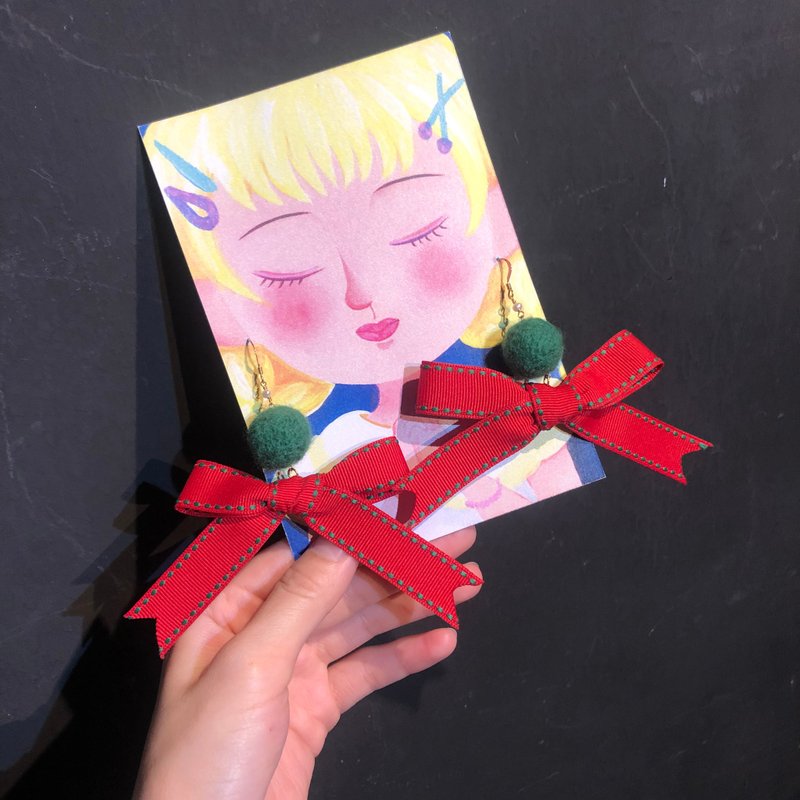 聖誕風大蝴蝶結耳環 14KGF - 耳环/耳夹 - 羊毛 红色