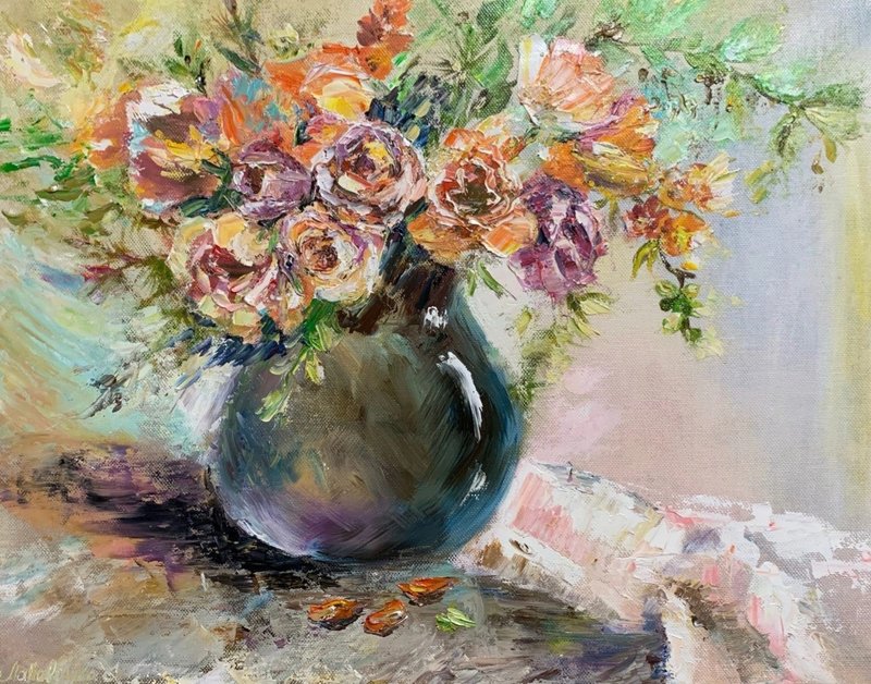 桃花在玻璃花瓶impasto尺寸30x40厘米的精致花束健康的精神和情绪 - 墙贴/壁贴 - 其他金属 橘色