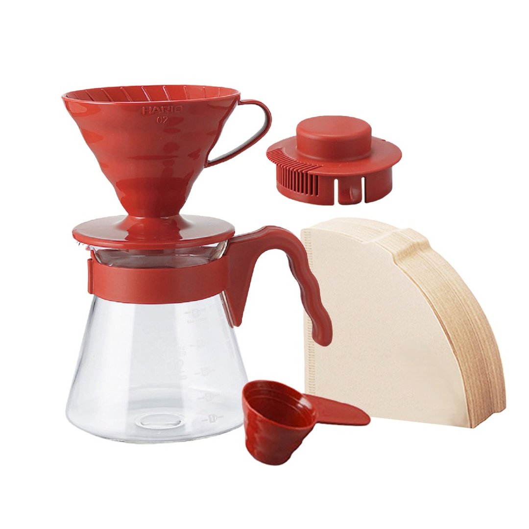 HARIO V60红色滤泡咖啡壶组/VCSD-02R 附滤纸40枚 - 咖啡壶/周边 - 玻璃 红色