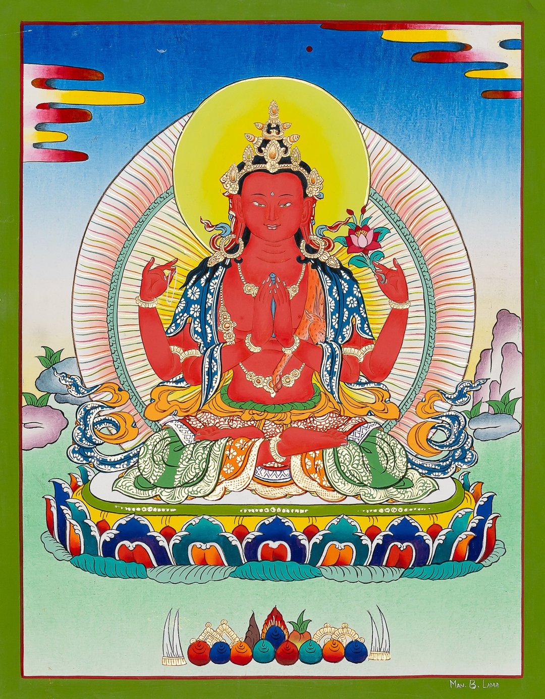 手工制作的红色观音唐卡 - 真实的慈悲象征 - 墙贴/壁贴 - 其他材质 多色