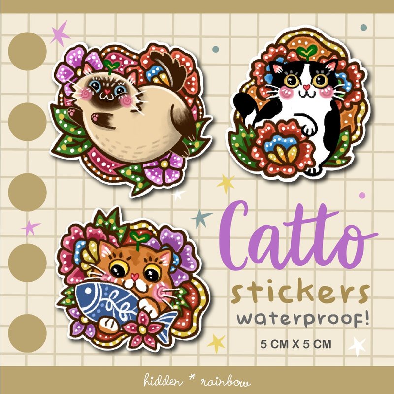Original Design Quirky cat batik inspired waterptoof stickers set - 贴纸 - 其他材质 