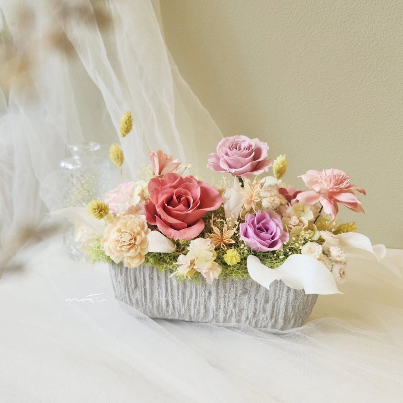 永生花长形盆花 粉绿色 开幕盆花 不凋花 永生花 干燥花 开幕盆栽 - 干燥花/捧花 - 植物．花 多色