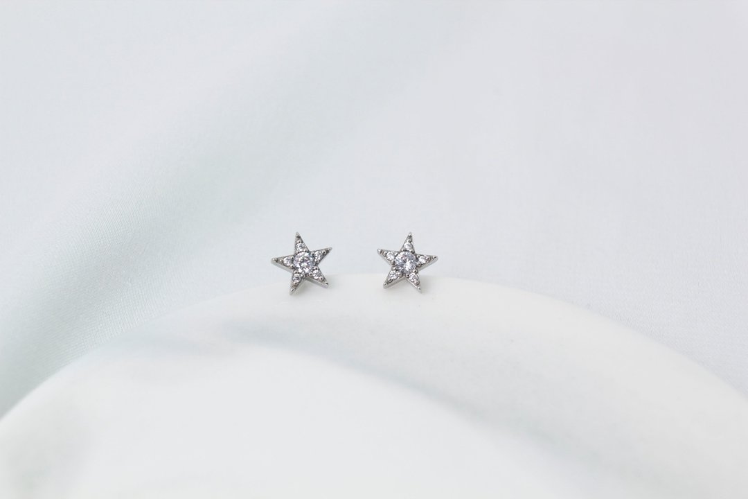 【SWS饰品】闪耀星星 医疗钢耳环 质感锆石 抗过敏 一般细针 - 耳环/耳夹 - 贵金属 金色