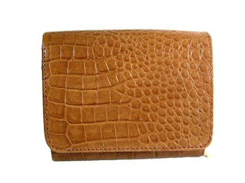 L-shaped zippered wallet, brown cowhide stamped crocodile - 皮夹/钱包 - 真皮 金色