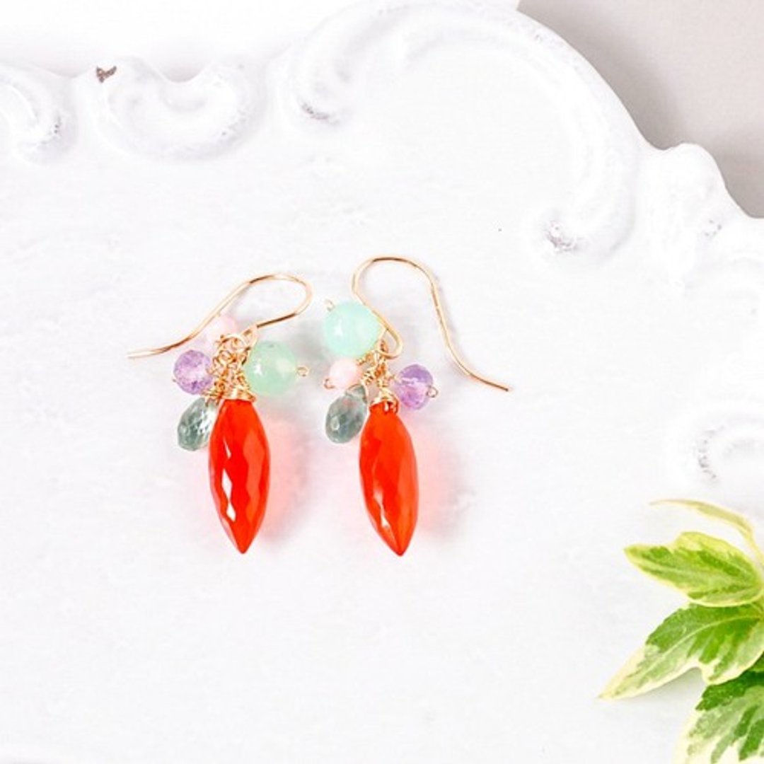 [Overflowing color] 14kgf/carnelian dew drop x colorful natural stone - 耳环/耳夹 - 其他金属 