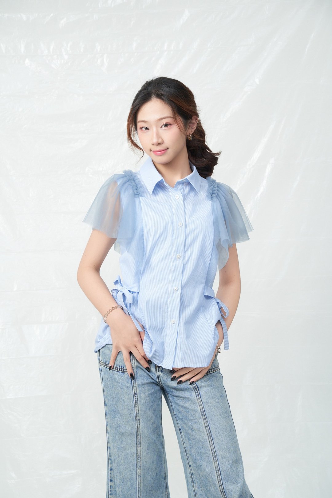 荷叶纱袖条纹衬衫 蓝 - 女装背心 - 其他材质 蓝色