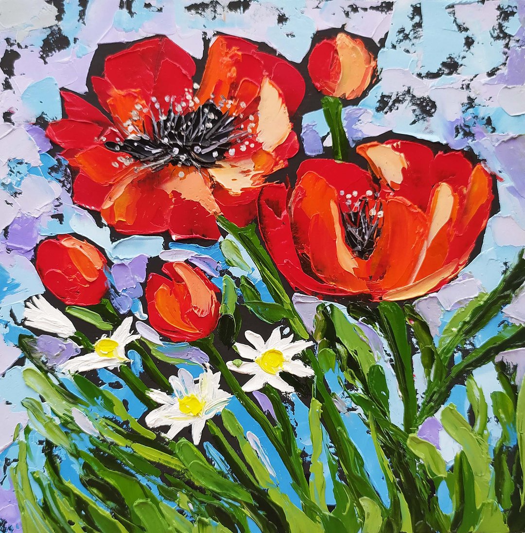 Poppy and chamom oil painting impasto original art red flowers impressionism art - 墙贴/壁贴 - 其他材质 红色