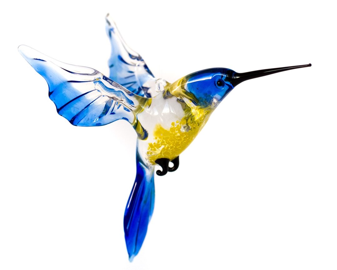Hummingbird Glass Figurine, Blown Art, Blue and Yellow Bird Ornament - 摆饰 - 玻璃 蓝色