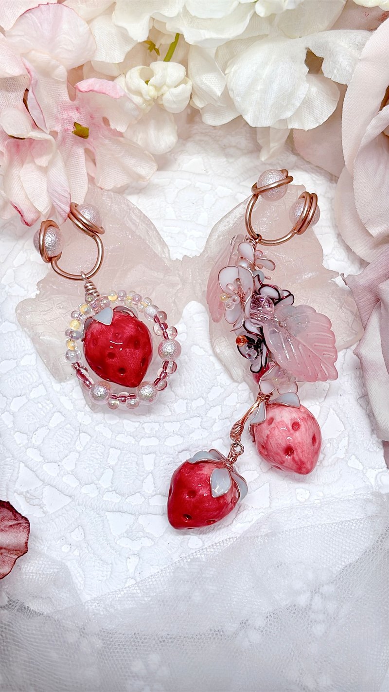 草莓圆舞曲 全手工制作 耳骨夹 耳夹/耳针 - 耳环/耳夹 - 树脂 粉红色