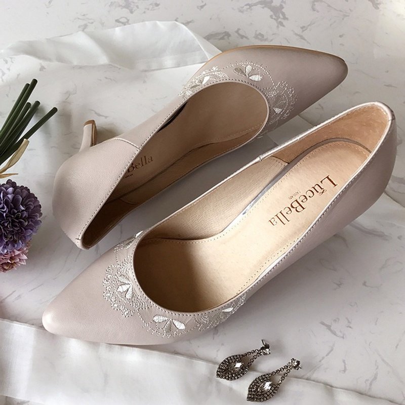 【花样幸福】法式刺绣手工婚鞋-裸粉 - 高跟鞋 - 真皮 粉红色