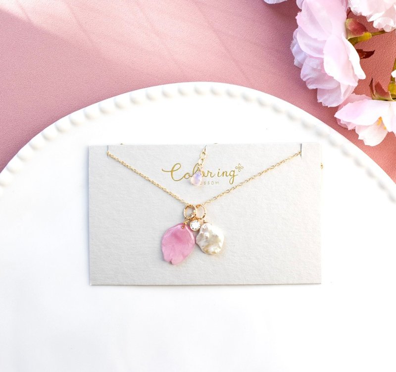 真实樱花 × 淡水珍珠 花瓣项链 - 项链 - 其他材质 粉红色