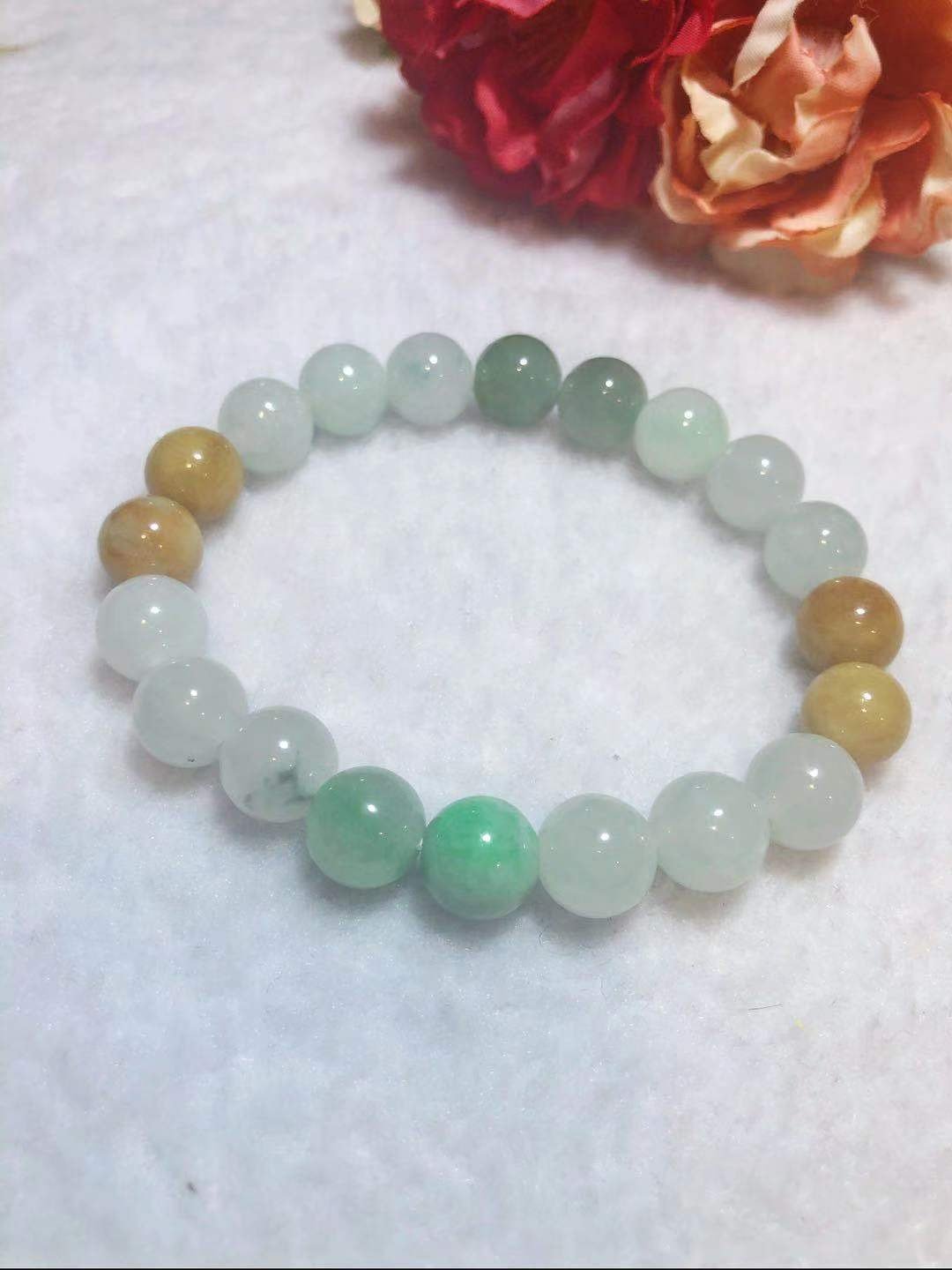 多宝晶石/天然翡翠A货手珠/冰种手珠/翡翠10mm/三彩珠/男生手珠 - 手链/手环 - 玉石 透明