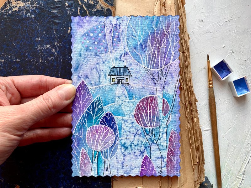 Landscape painting Lilac Original watercolor card House artwork Miniature art - 海报/装饰画/版画 - 纸 蓝色