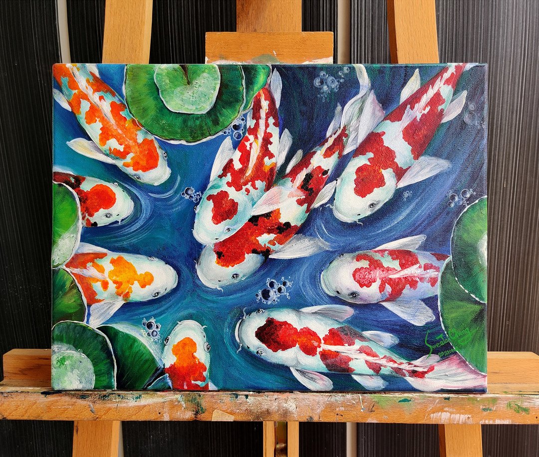 【聚】九鲤图丙烯画原作 | 中国风莲池锦鲤 | 大厅玄关书房挂画 - 海报/装饰画/版画 - 棉 