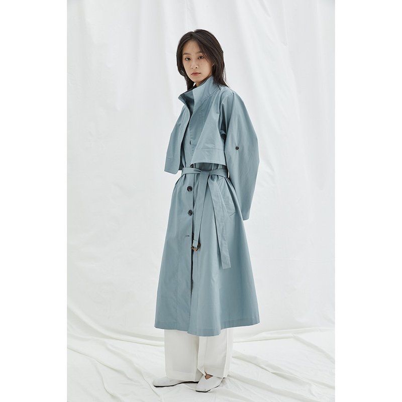 绿松石 廓形褶皱感多穿风衣 立领多片式宽松派克休闲中性长款外套 - 女装休闲/机能外套 - 棉．麻 绿色