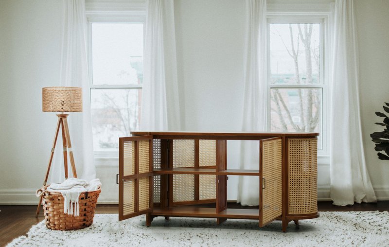 肯尼柚木中岛置物柜 实木与天然藤的工艺家具 双面开门取物便利 - 其他家具 - 木头 咖啡色