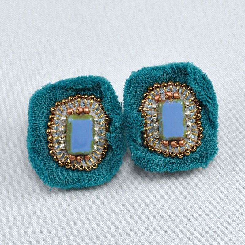 gauze and beads earrings, flower earrings,statement earrings blue green 3 - 耳环/耳夹 - 棉．麻 蓝色