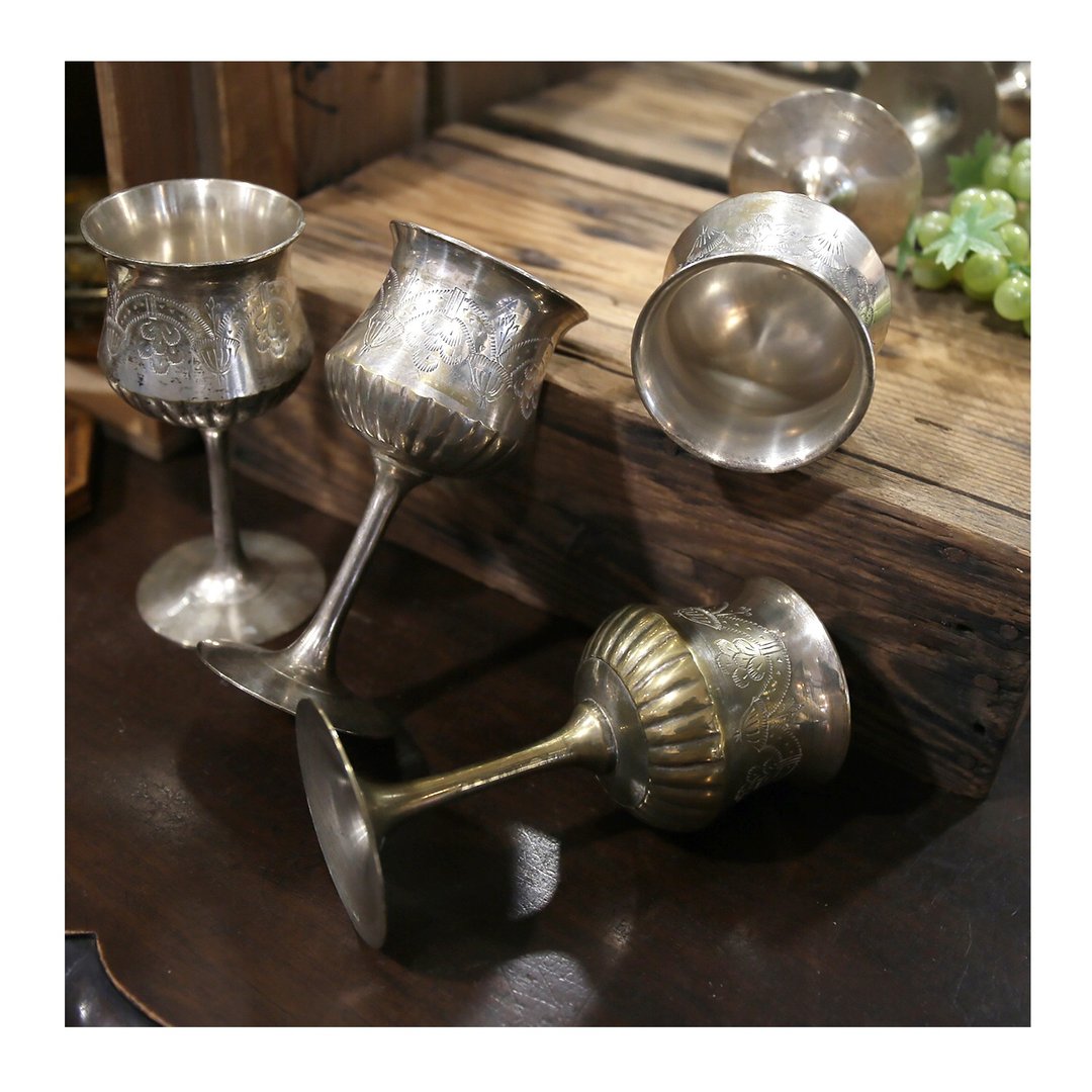 英国老件.1910's 铜镀银高脚杯。郁金香造型手工刻花金属酒器 - 酒杯/酒器 - 其他金属 