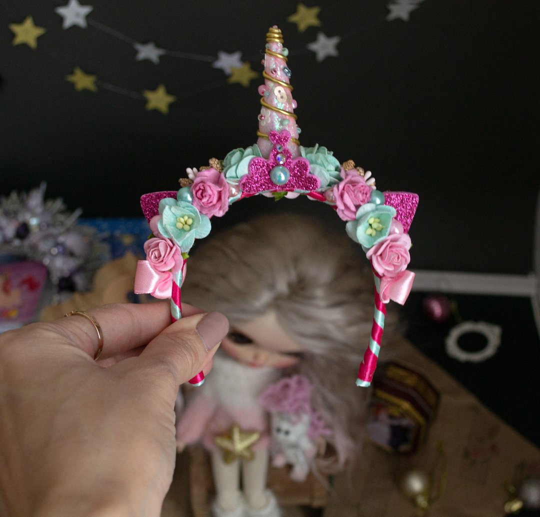 Flower Unicorn headband for blythe doll in Fuchsia/mint color.Headdress,crown - 玩偶/公仔 - 其他材质 粉红色