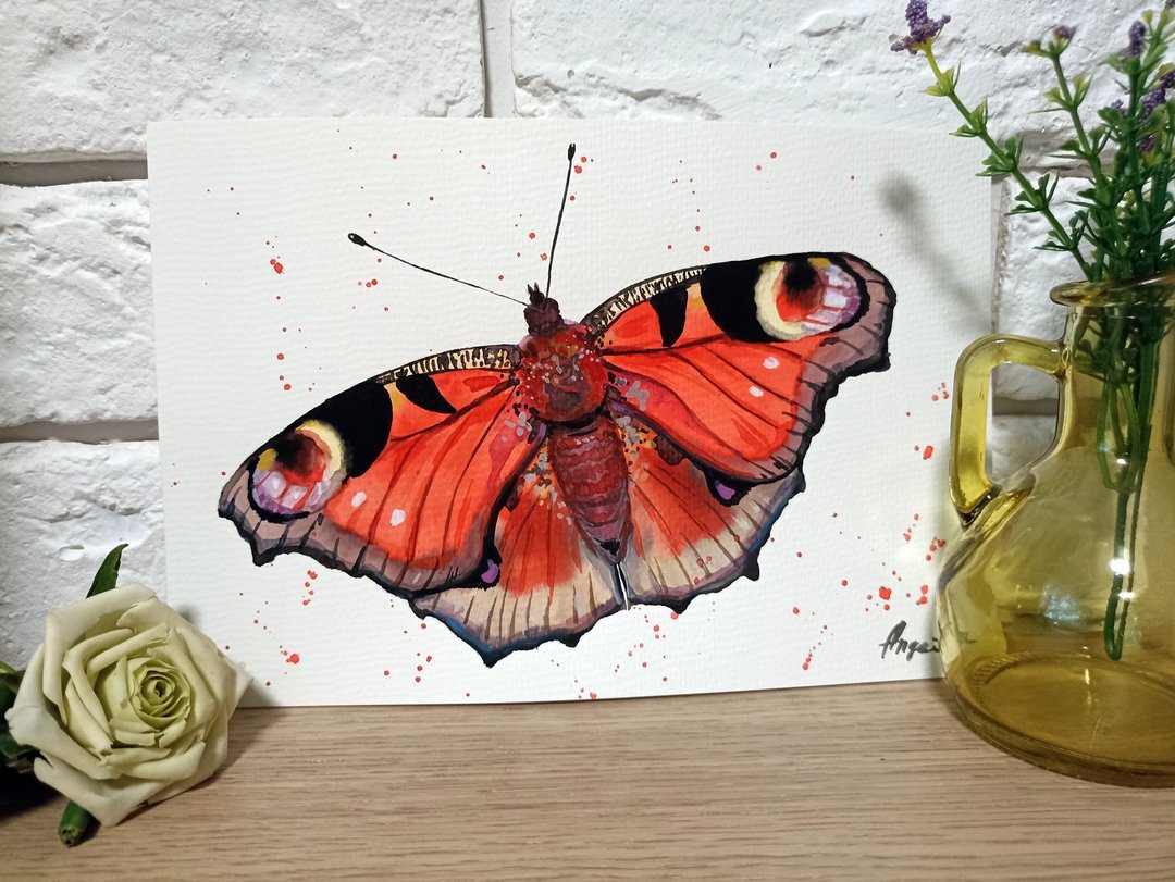 Watercolor original peacock butterfly room decor painting art by Anne Gorywine - 墙贴/壁贴 - 纸 白色