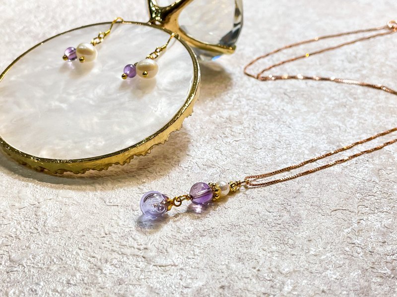 紫水晶精油纯银项链&耳环-浅紫琉璃-健康.贵人运 - 项链 - 纯银 紫色