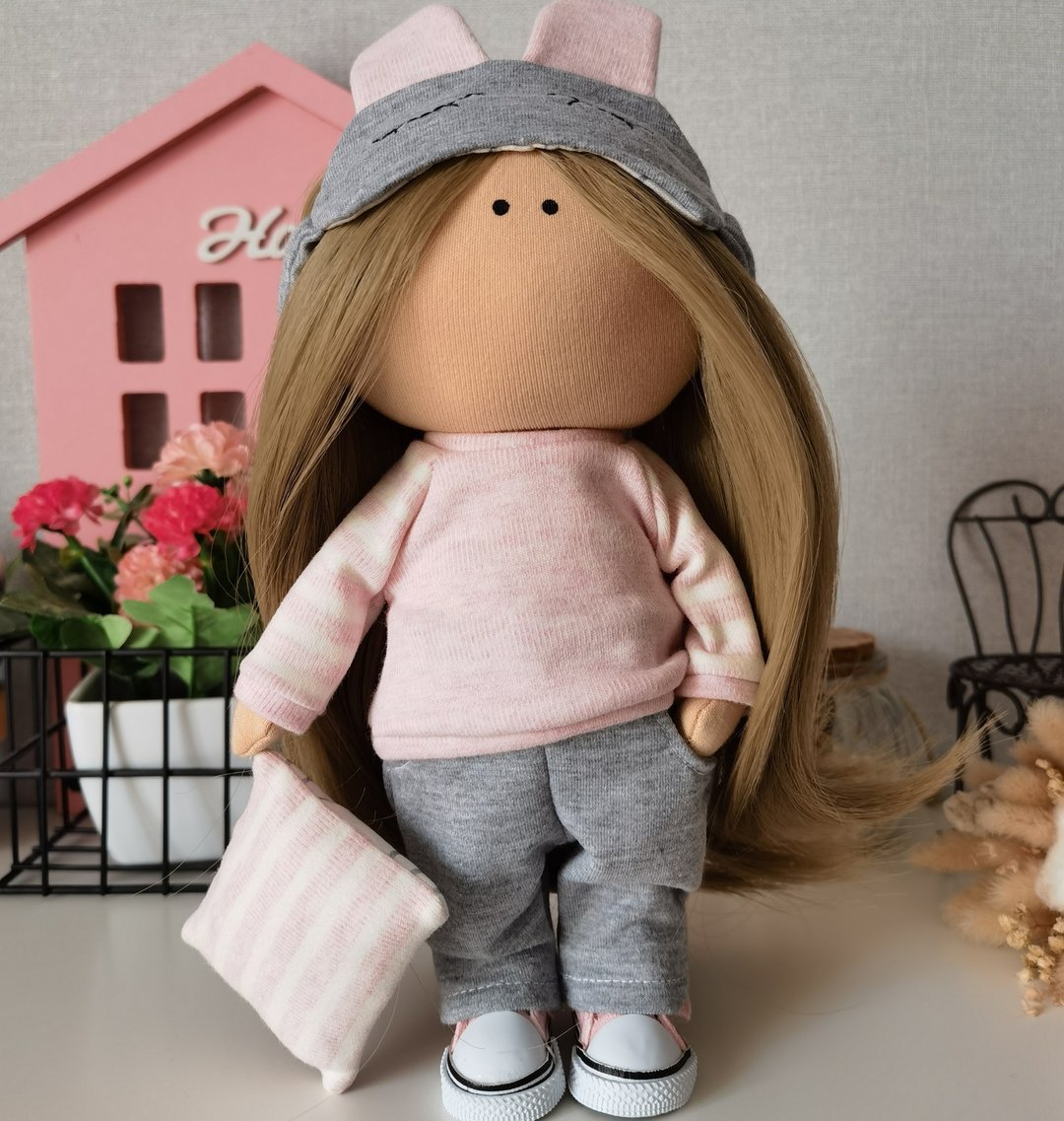 Textile doll in sleep mask for pink nursery decor. Handmade doll in fashionable - 玩偶/公仔 - 棉 多色
