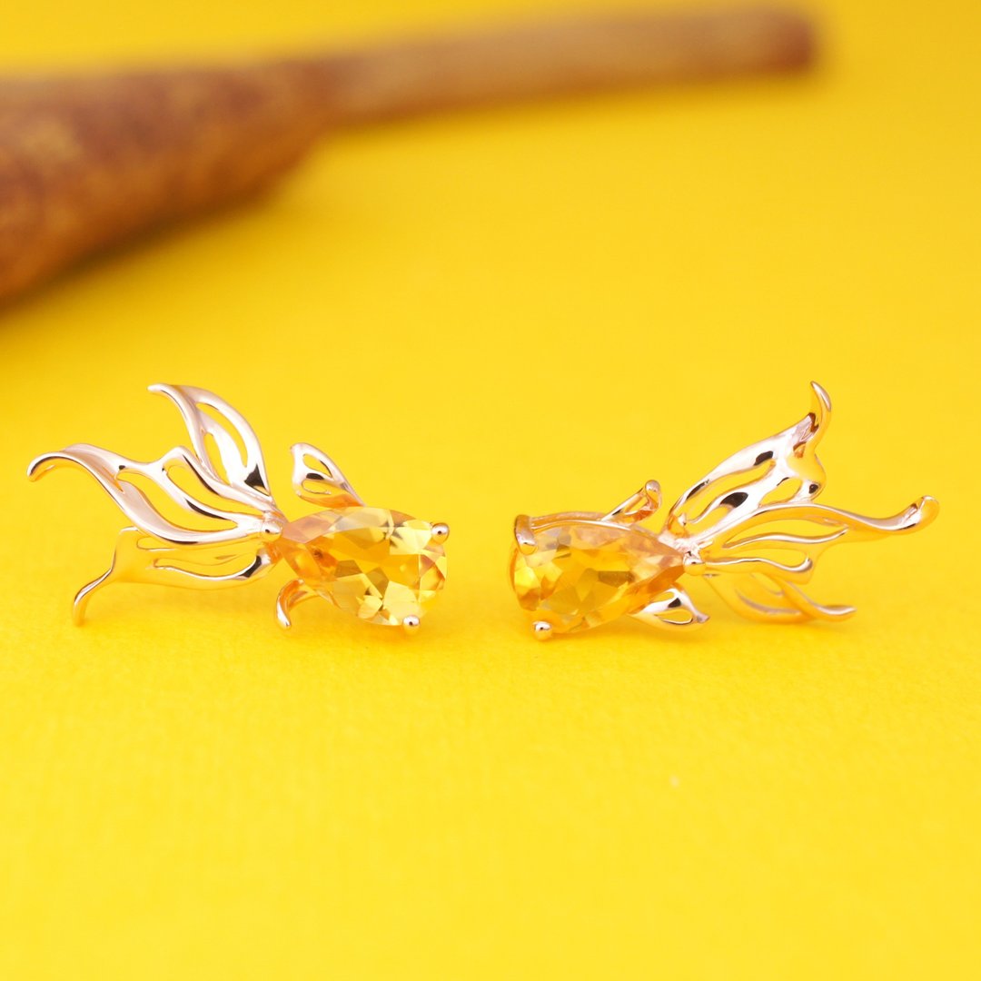 新品万岁! 金鱼 - 黄晶 纯银 电 18K 玫瑰金 耳针 耳环 - 耳环/耳夹 - 宝石 黄色