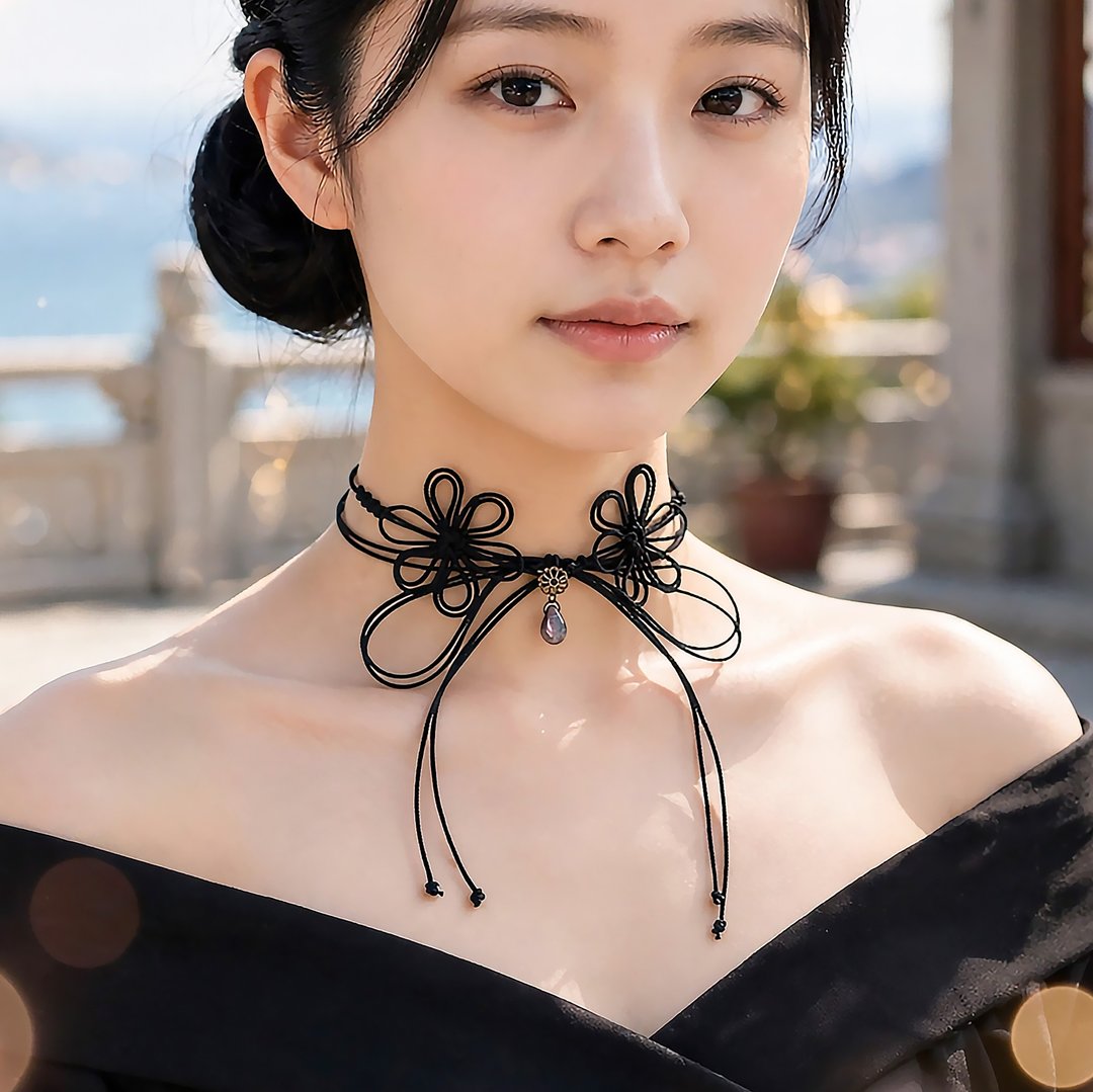 日式绳结颈饰，从此而生【轻巧】浴衣、和服、正式场合皆适用的双圈设计，增添风采。 - 颈链 - 聚酯纤维 黑色