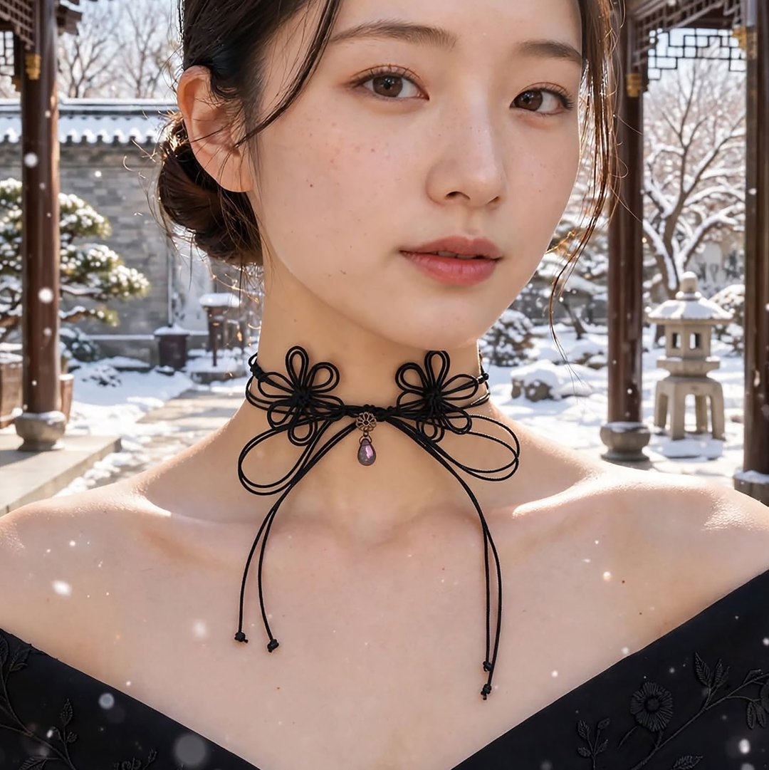 饰纹编织颈圈，其美学在此体现【轻盈】浴衣・和服・正式场合皆可增添亮点的双圈绕颈设计。 - 颈链 - 聚酯纤维 黑色