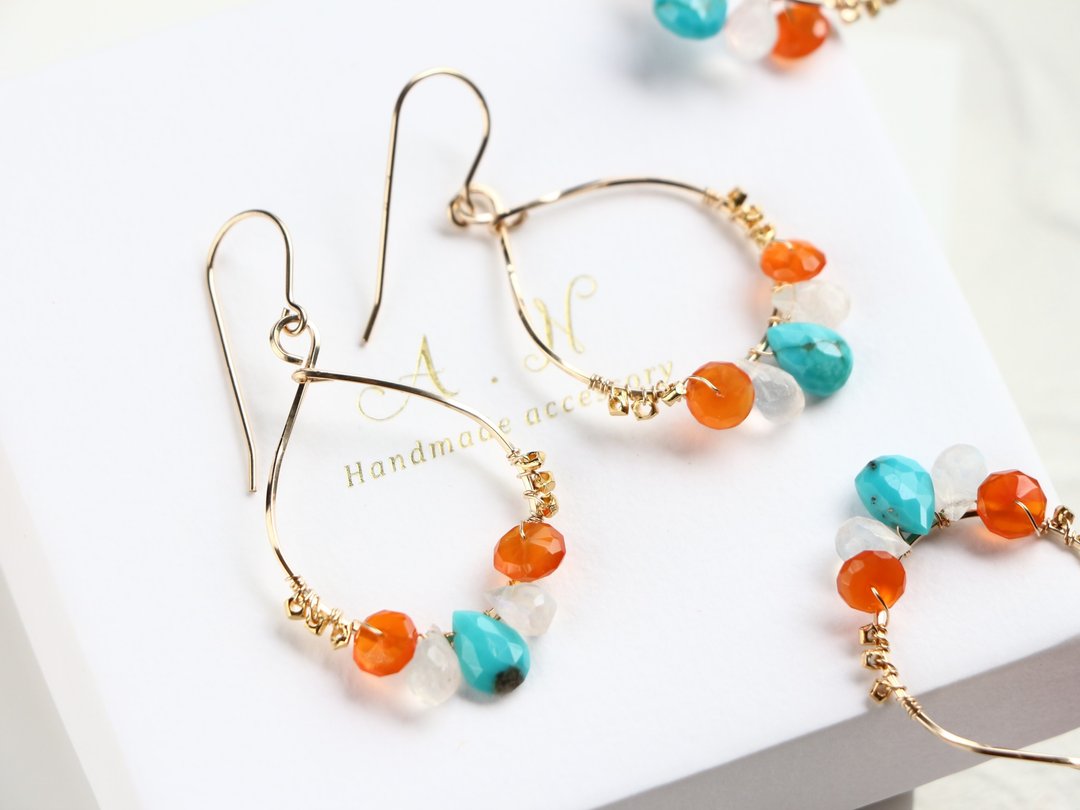 14kgf-turquoise × carnelian summer pierced earrings / can change to clip-on - 耳环/耳夹 - 其他金属 蓝色