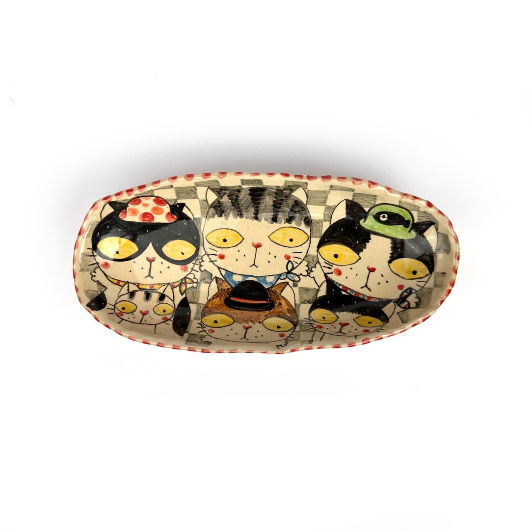 Nice Little Clay 手工大椭圆盘 可爱猫 0305-54 - 盘子/餐盘/盘架 - 陶 白色