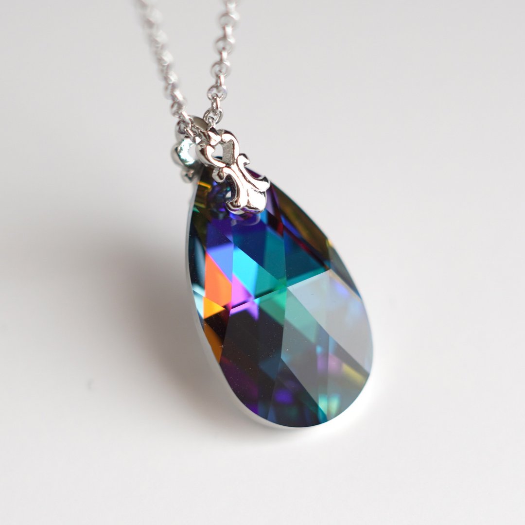 Meridian blue, large crystal drop, simple pendant necklace with Swarovski parts - 项链 - 玻璃 蓝色