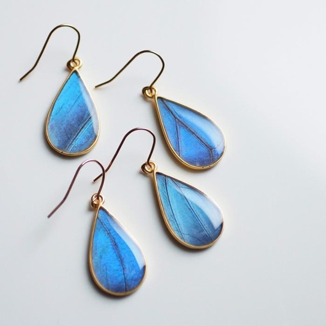 Morpho Butterfly Splash Drop Earrings Pair - 耳环/耳夹 - 其他金属 蓝色