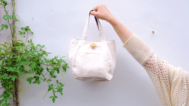 帆布X蔷薇碎花双面用 小托特包-黑 - 手提包/手提袋 - 棉．麻 白色