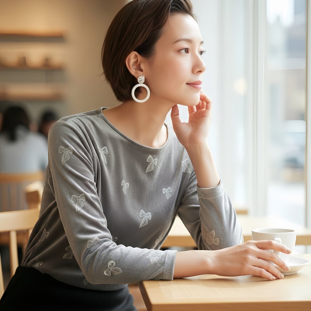 立体天鹅绒蝴蝶结印花长袖T恤 | 优雅光泽垂坠感弹性面料 - 女装 T 恤 - 聚酯纤维 灰色