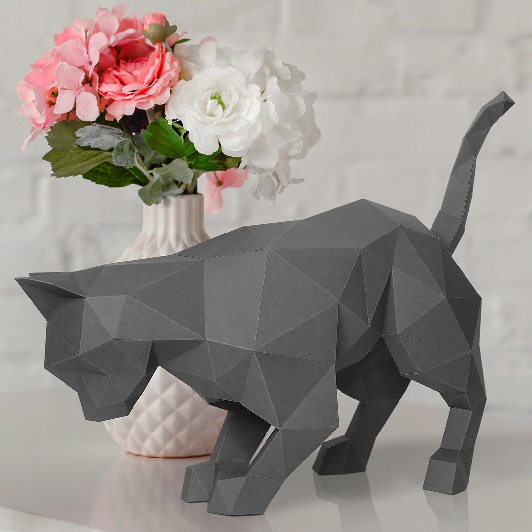 CAT papercraft pre cut kit | 3D grey CAT paper sculpture | 3d puzzle - 拼图 - 纸 灰色