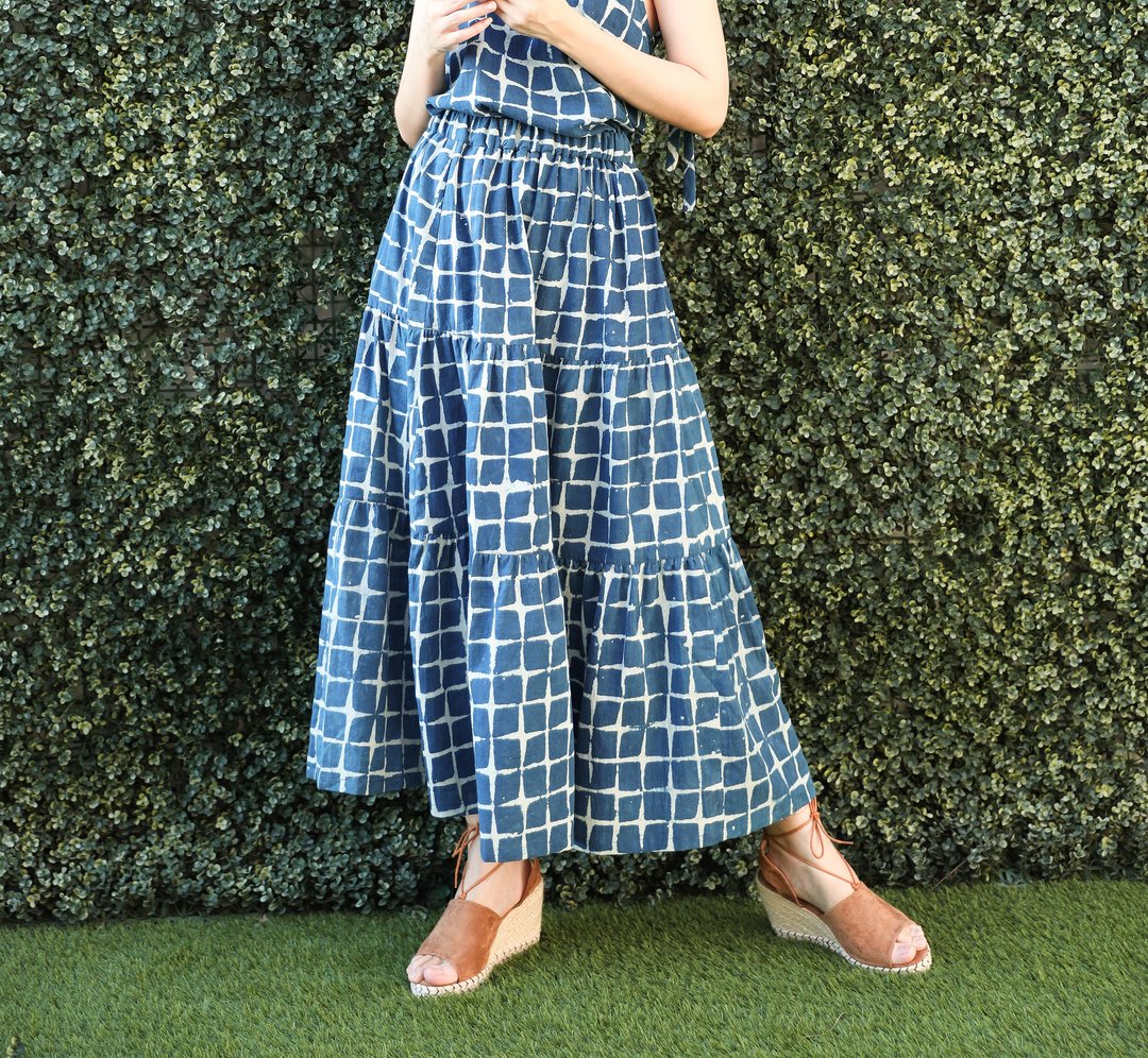 Natural Cotton Skirt - Blue and White - 裙子 - 棉 蓝色