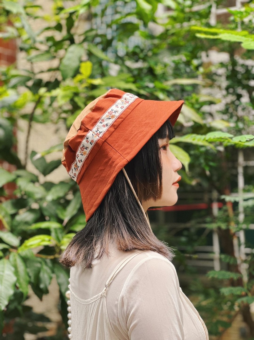 花花织纹拼接渔夫帽 砖红 - 帽子 - 棉 
