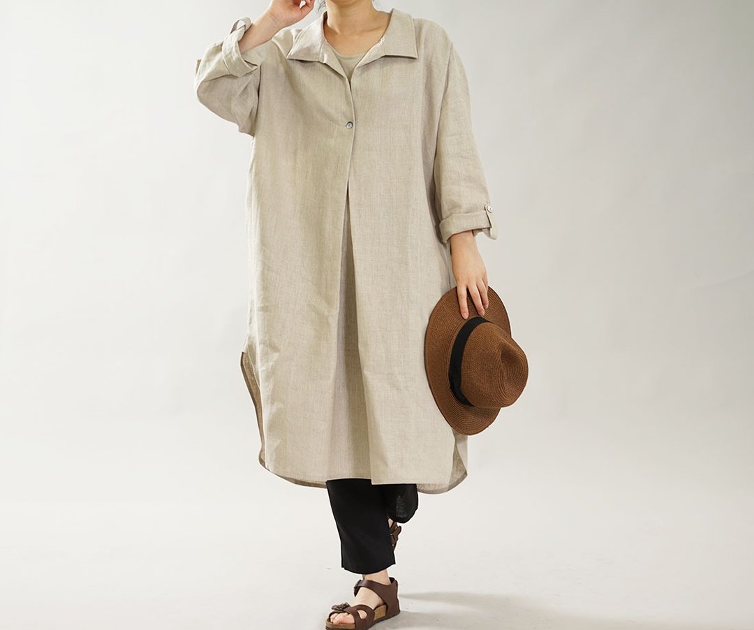 wafu Linen dress / unique design / long sleeve / midi length / beige a085a-amn2 - 洋装/连衣裙 - 棉 卡其色
