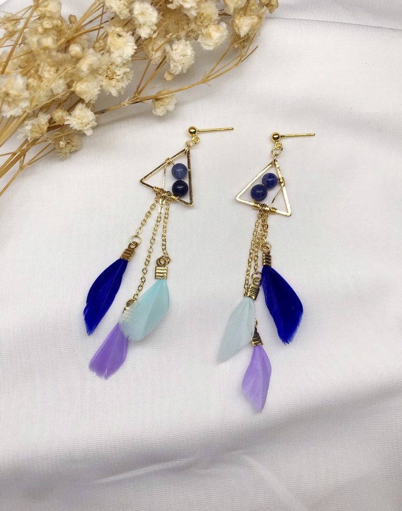 三角││羽毛耳环 苏打石 羽毛 可改夹 定制化 - 耳环/耳夹 - 其他材质 