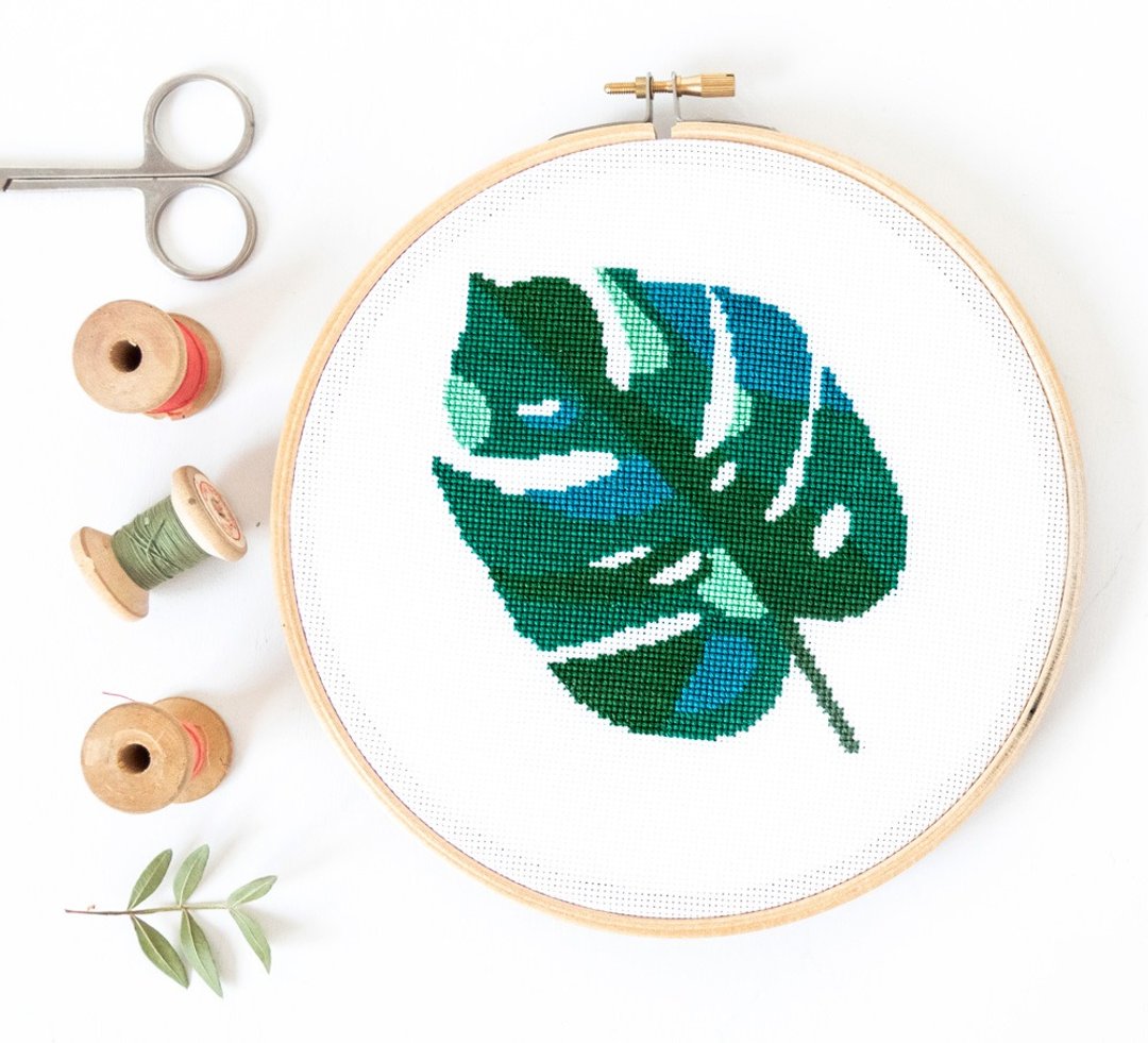 Monstera Leaf Cross Stitch PDF Pattern 十字繡 - 编织/刺绣/羊毛毡/裁缝 - 其他材质 