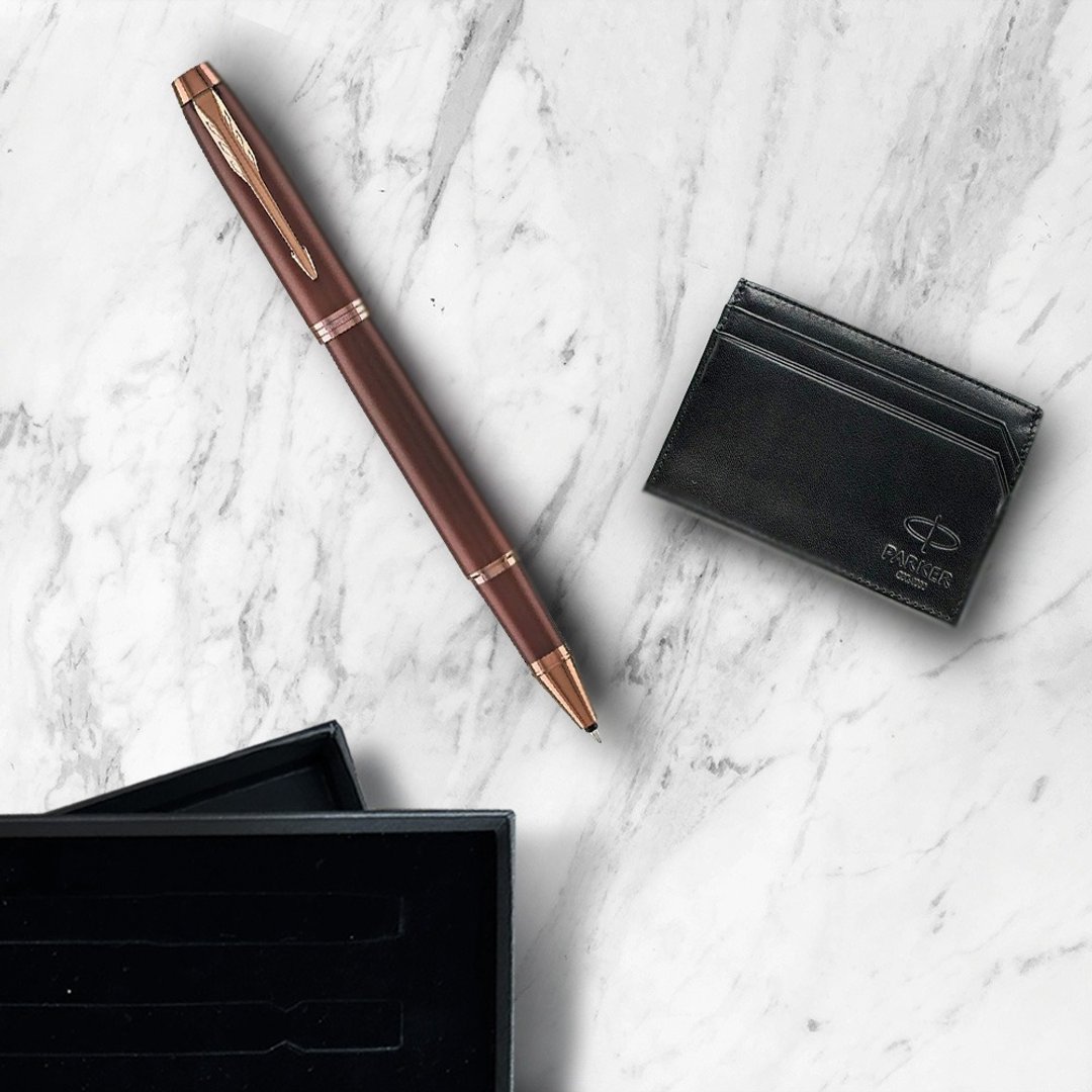 PARKER 新IM金属系列 酒棕红钢珠笔 牛皮卡夹礼盒  免费刻字 - 钢珠笔 - 其他材质 红色
