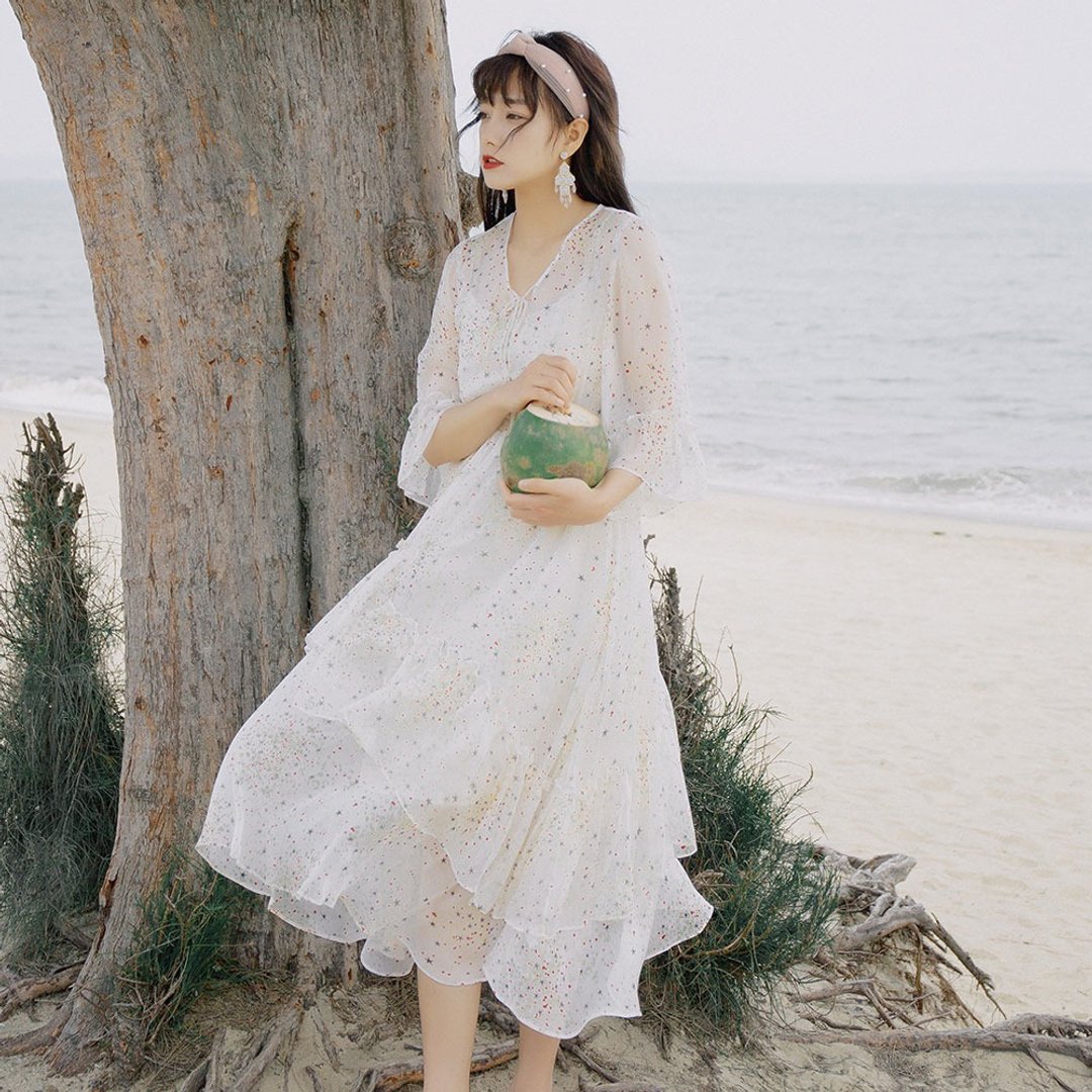 【夏日满送】安妮陈2019夏季领口系绳荷叶边连身裙洋装 9302 - 洋装/连衣裙 - 聚酯纤维 白色