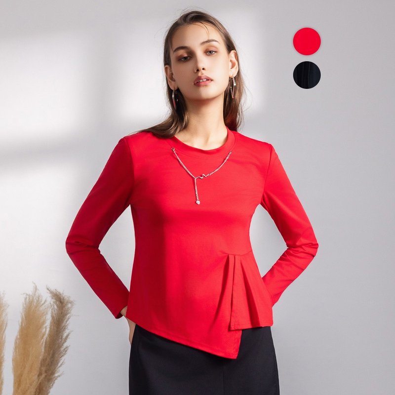 【MEDUSA】侧褶造型不对称设计T恤 - 2色(M-XL) | 女T恤 造型长袖 - 女装 T 恤 - 棉．麻 红色