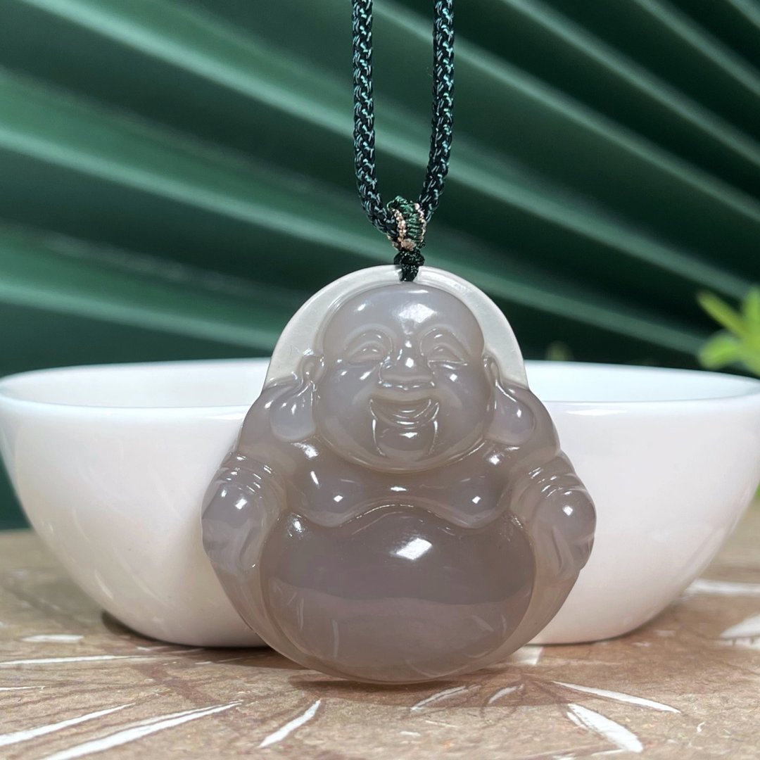 毕业级和田玉冰烟紫大肚笑佛佛公吊坠项链 配墨绿手编绳 高油冰润 - 项链 - 玉石 