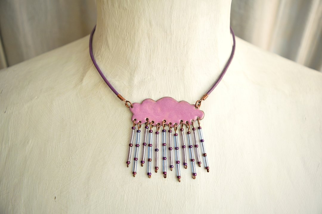 Jewelry, Necklace, Nenamel, Cloud, Rain Cloud Necklace, Enamel Necklace, Cloud Necklace, Autumn Shower, Summer, Enamel Jewelry, Cloud Shaped, Rain Cloud Necklace, Enamel Pendant, - 项链 - 纸 紫色