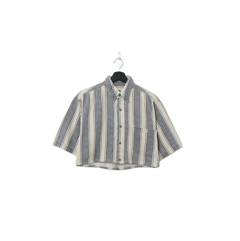 Back to Green-再制条纹短板衬衫 卡其灰ds-19//vintage shirt - 女装衬衫 - 棉．麻 