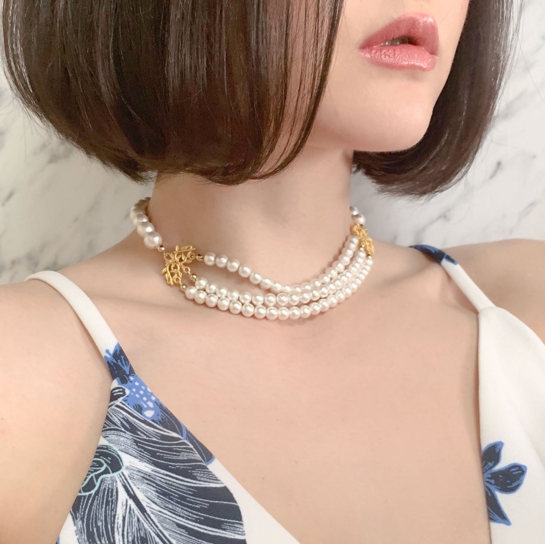 Symphony Pearl Triple Choker Necklace SV248 - 项链 - 其他金属 白色