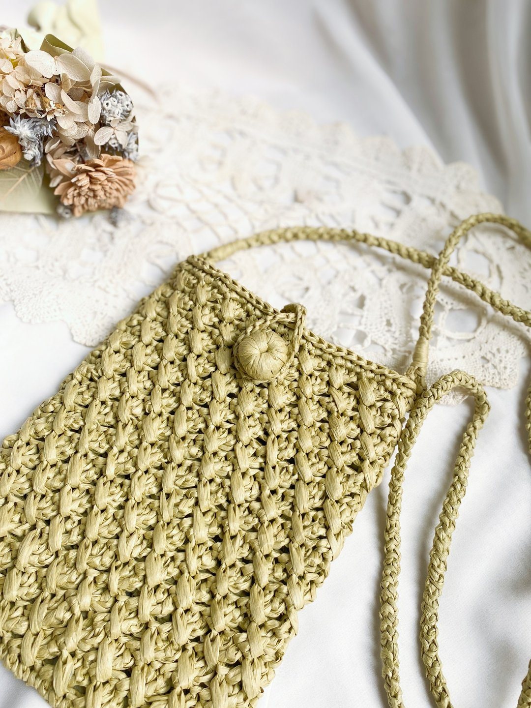 【好日手作】Handmade。日本纸线手工编织浅绿色手机斜背包侧背包 - 侧背包/斜挎包 - 纸 绿色